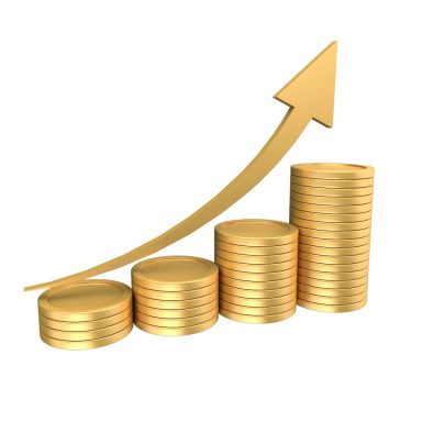 Stacked gold coins with an upward arrow indicating growth.